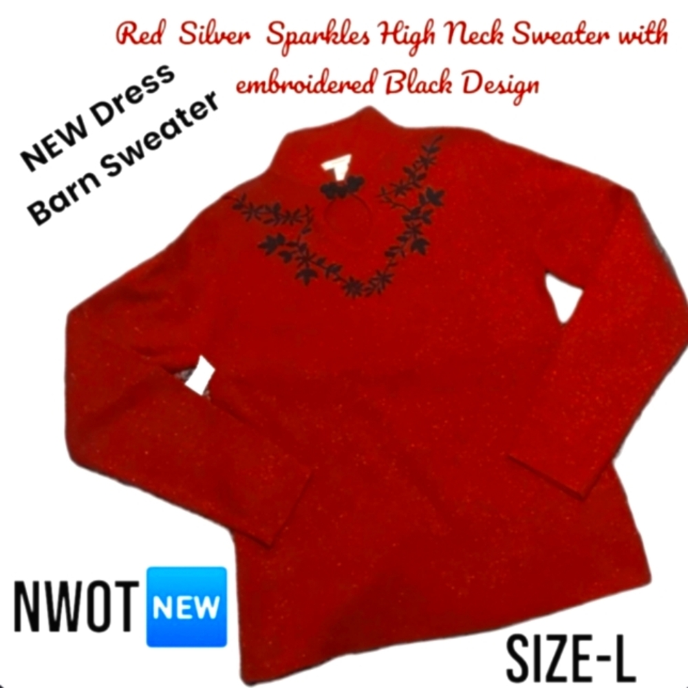 NWOT Dress Barn Red Long Sleeve Floral Glitter Women's Sweater